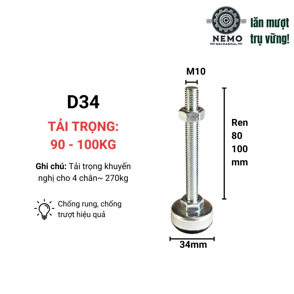 Chân tăng chỉnh đế cao su chống rung, D34-D63, tải trọng 90-120kg, bulong M10-M12